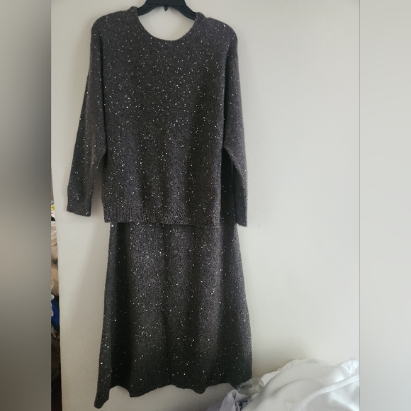 Zara set co-ord sequin knit sweater & midi skirt A-line taupe/brown sz M BNWT - Picture 2 of 13